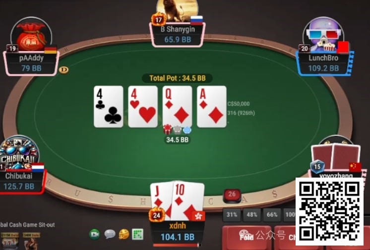 【小鱼Poker】牌局分析：3bet底池，花顺双抽转牌要不要继续bet？