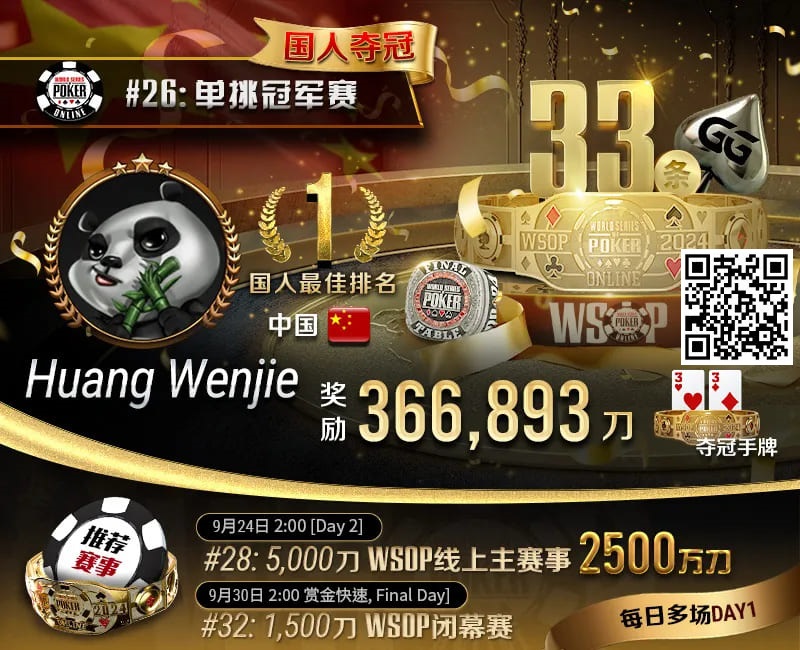 【小鱼Poker】WSOP国人首冠出炉！黄文杰力压茅人及 勇夺#26单挑赛冠军，前主赛冠军也成手下败将！