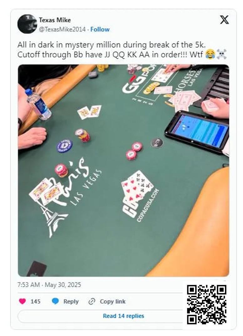 【小鱼Poker】WSOP的神奇时刻：Michael Moncek在盲注位全下，没想到身后有JJ、QQ、KK和AA