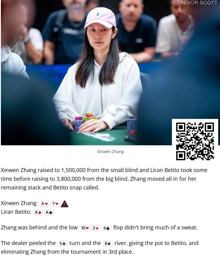 【小鱼Poker】中国女性牌手Xinwen Zhang获WSOP $1,500超快速赏金赛第三名