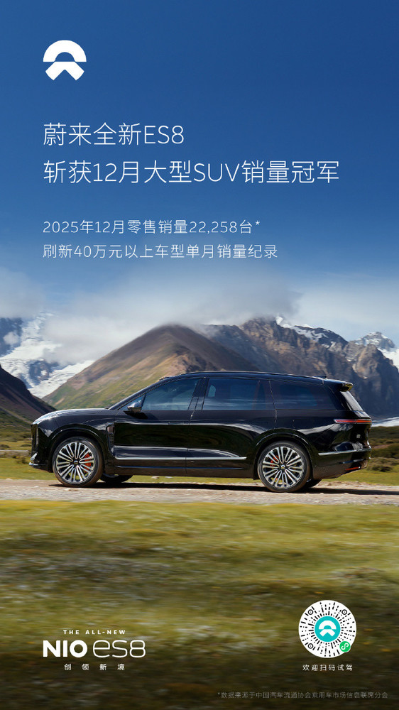 【小鱼Poker】蔚来：2025年12月全新ES8单月零售销量达22258台
